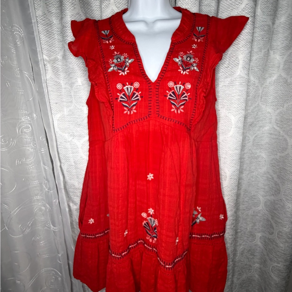 Knox Rose M Fit Flared Embroidered Short Dress Red V-Neck Flutter Sleeve ALine